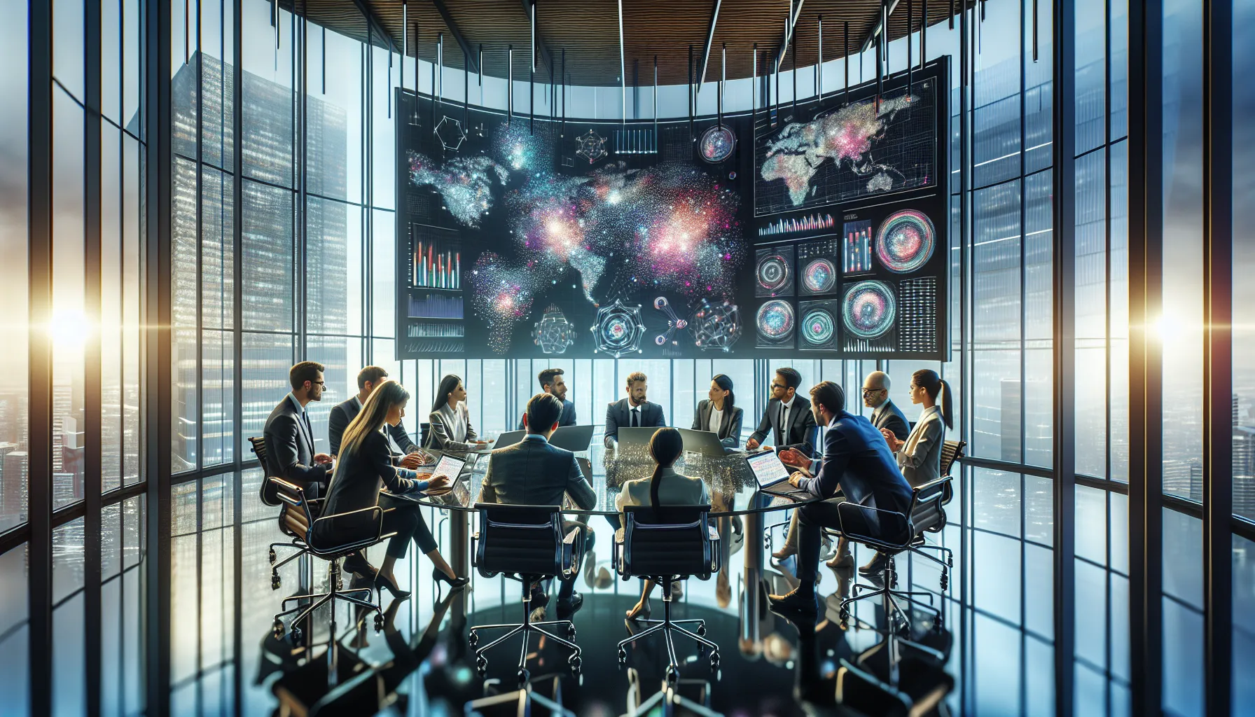 diverse professionals discussing data analytics in a modern office.