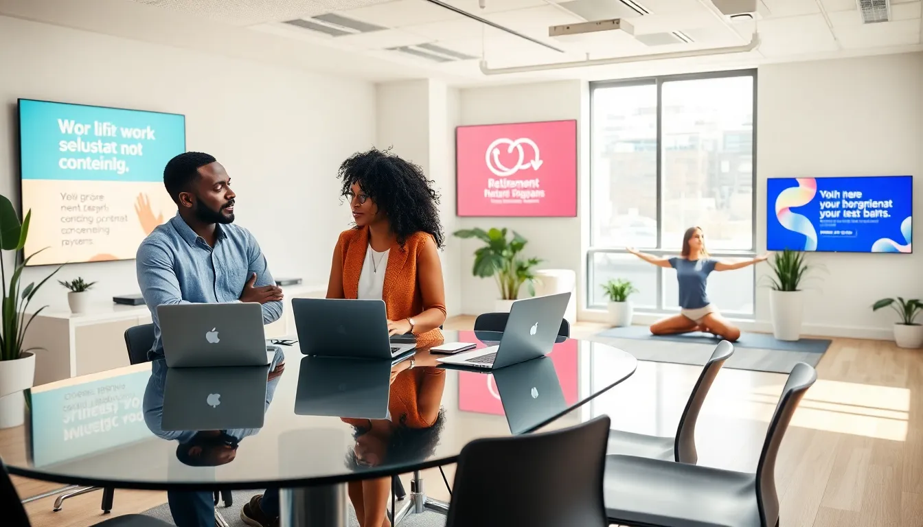 diverse professionals in a modern office showcasing workplace benefits.