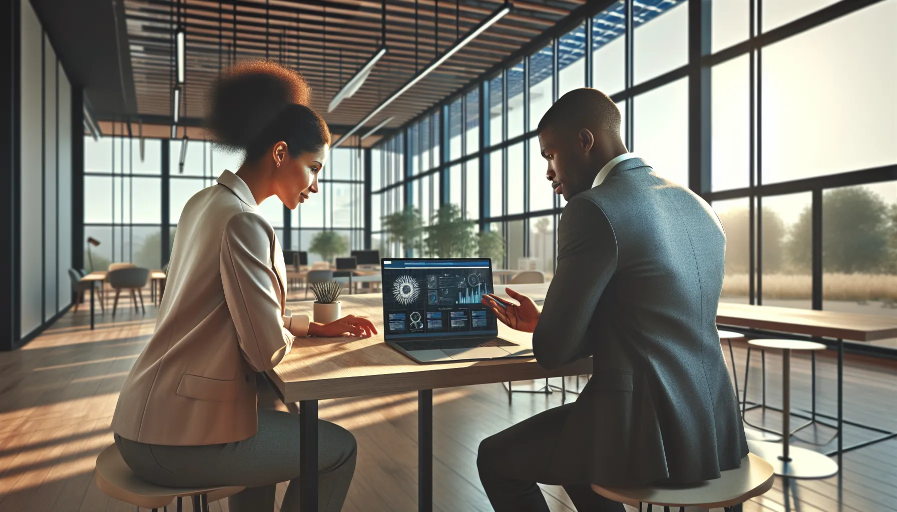 team discussing solar technology in a modern office.