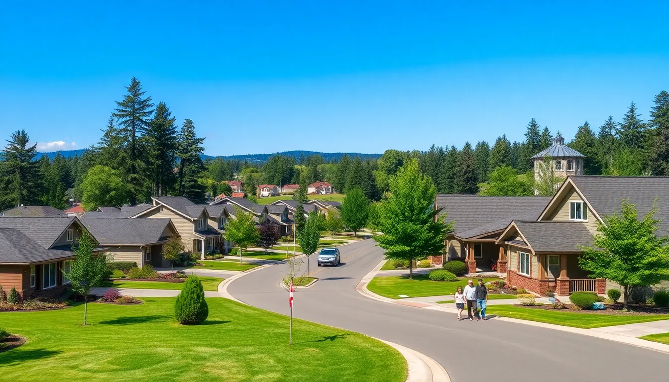 Suburban homes in Sweet Home, Oregon, nestled in lush greenery.