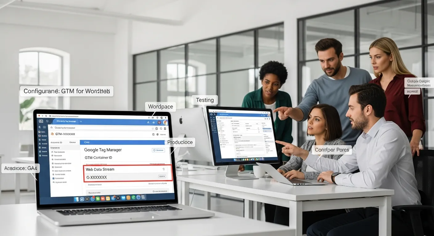 Team configuring Google Tag Manager and GA4 for a WordPress site in a modern office.