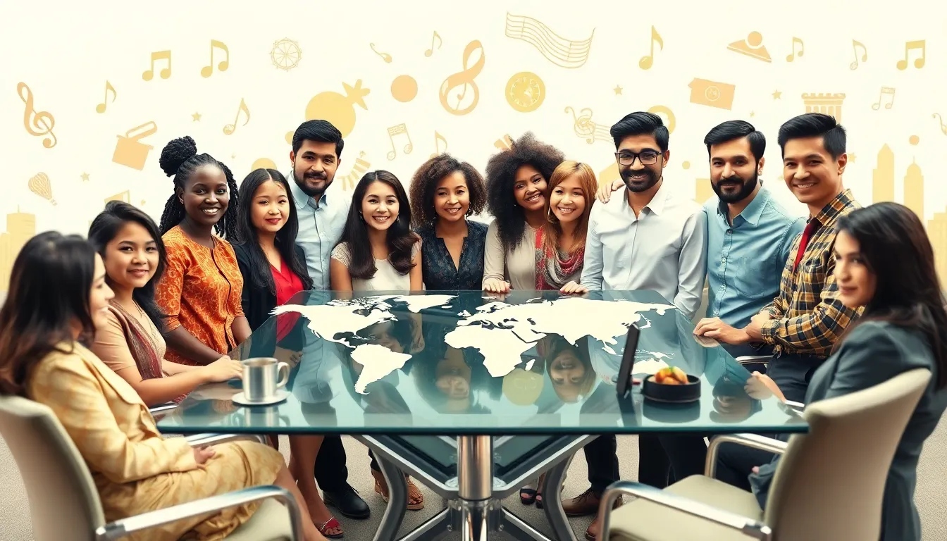 diverse group collaborating on cultural exchange in a modern office.