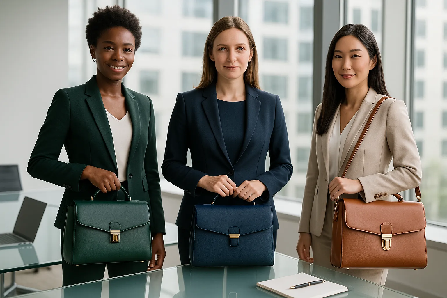 Three professional women with stylish leather satchel bags in a modern office.