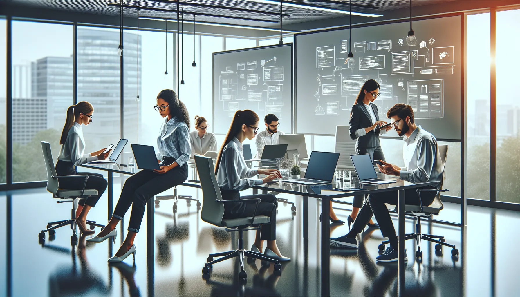 IT professionals collaborating to troubleshoot software issues in a modern office.