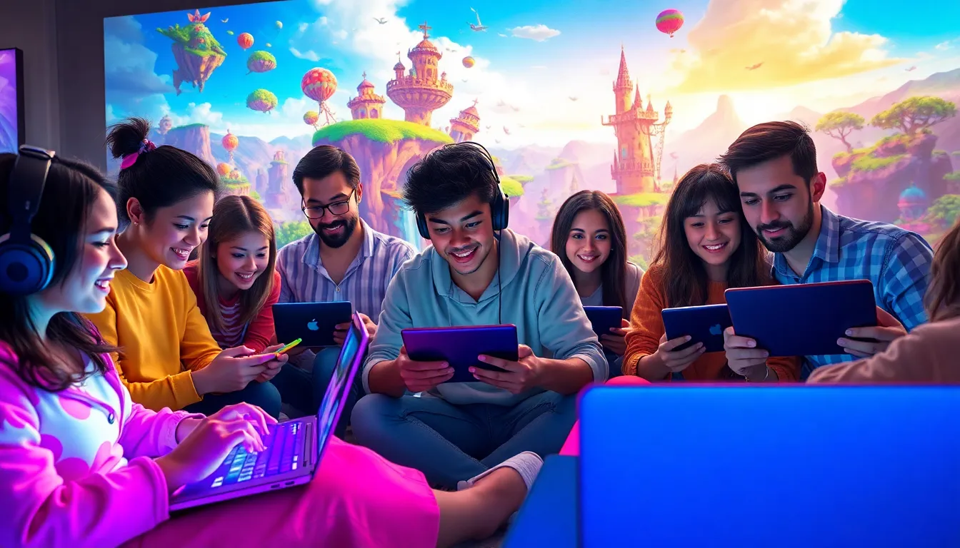 diverse players exploring a vibrant gaming world together.