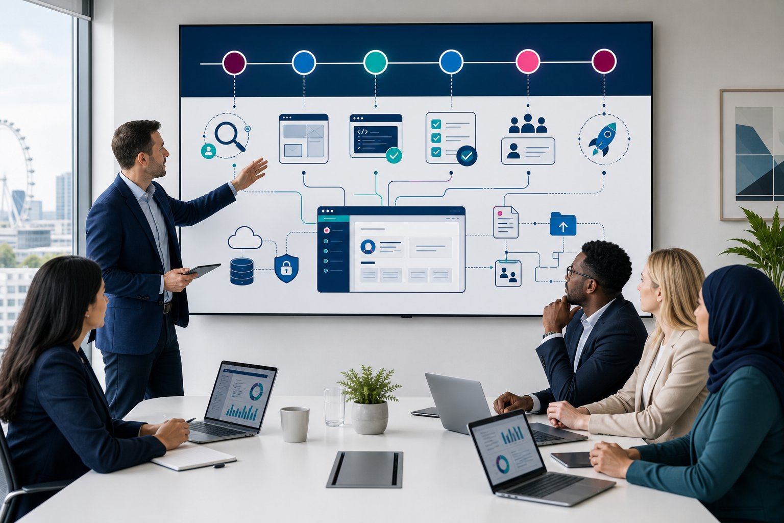 Team reviewing a portal development timeline in a modern office.
