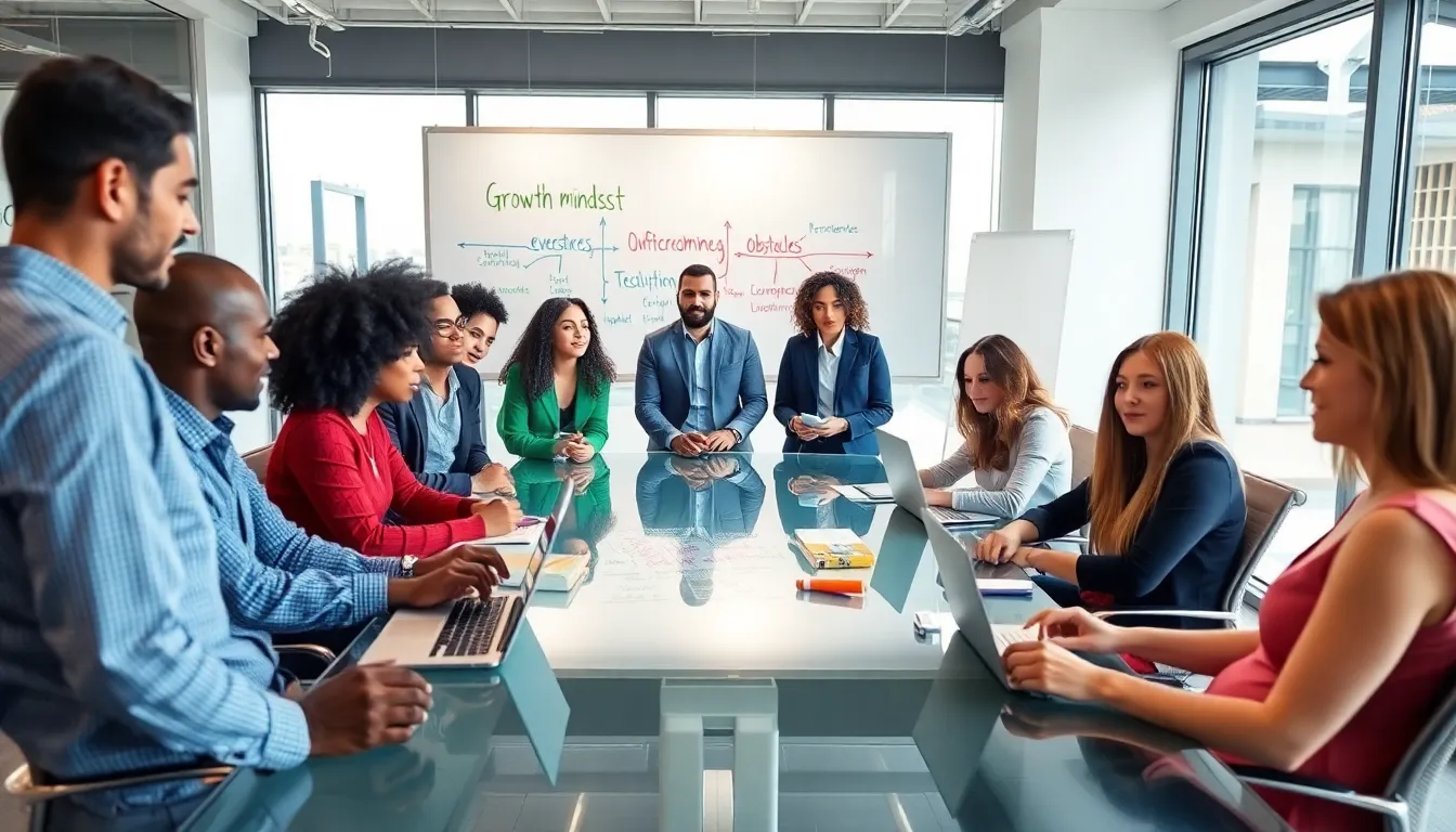 diverse professionals collaborating on growth mindset activities in a modern office.