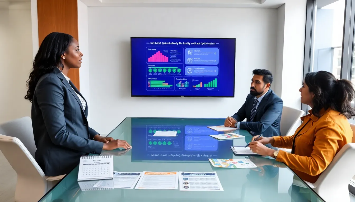 professionals discussing the Kerala lottery system in a modern office.