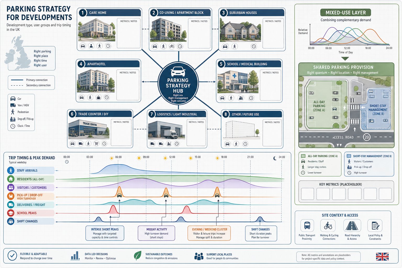 Infographic of parking demand by development type, users, and peak trip times.