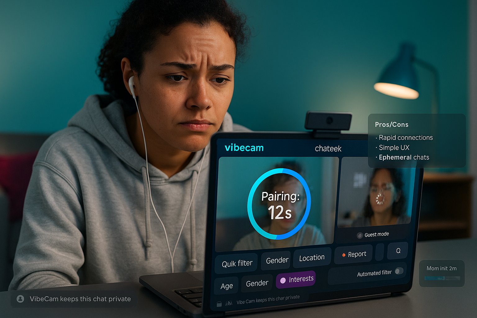 Young woman at laptop using chateek browser video chat with UI and buffering icon.