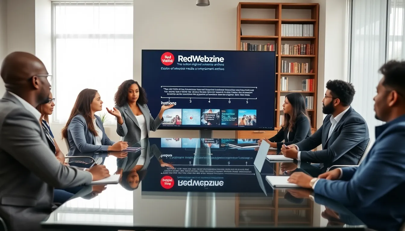 diverse team discussing entertainment archives in a modern office.