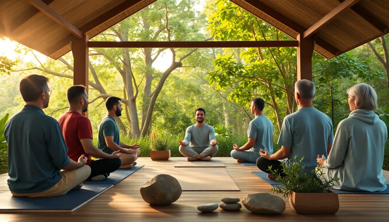 diverse men participating in meditation at a wellness retreat.