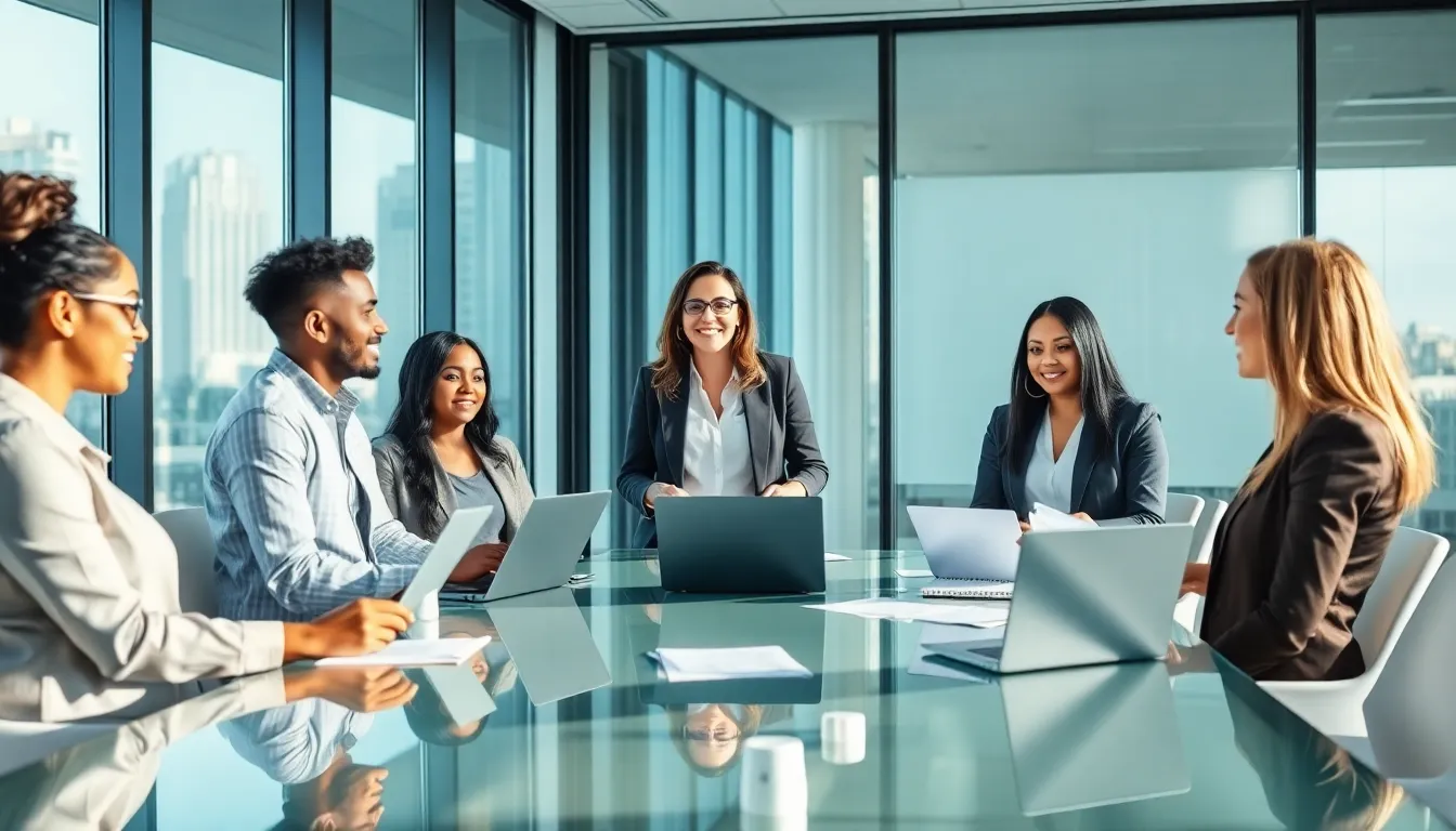 diverse professionals collaborating in a modern office setting.