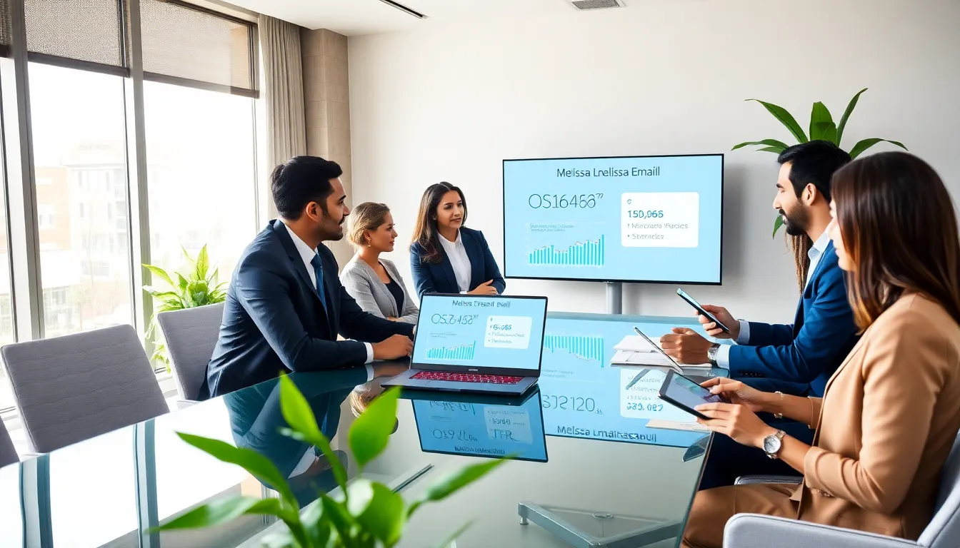 team collaborating in a modern office on email marketing strategies.