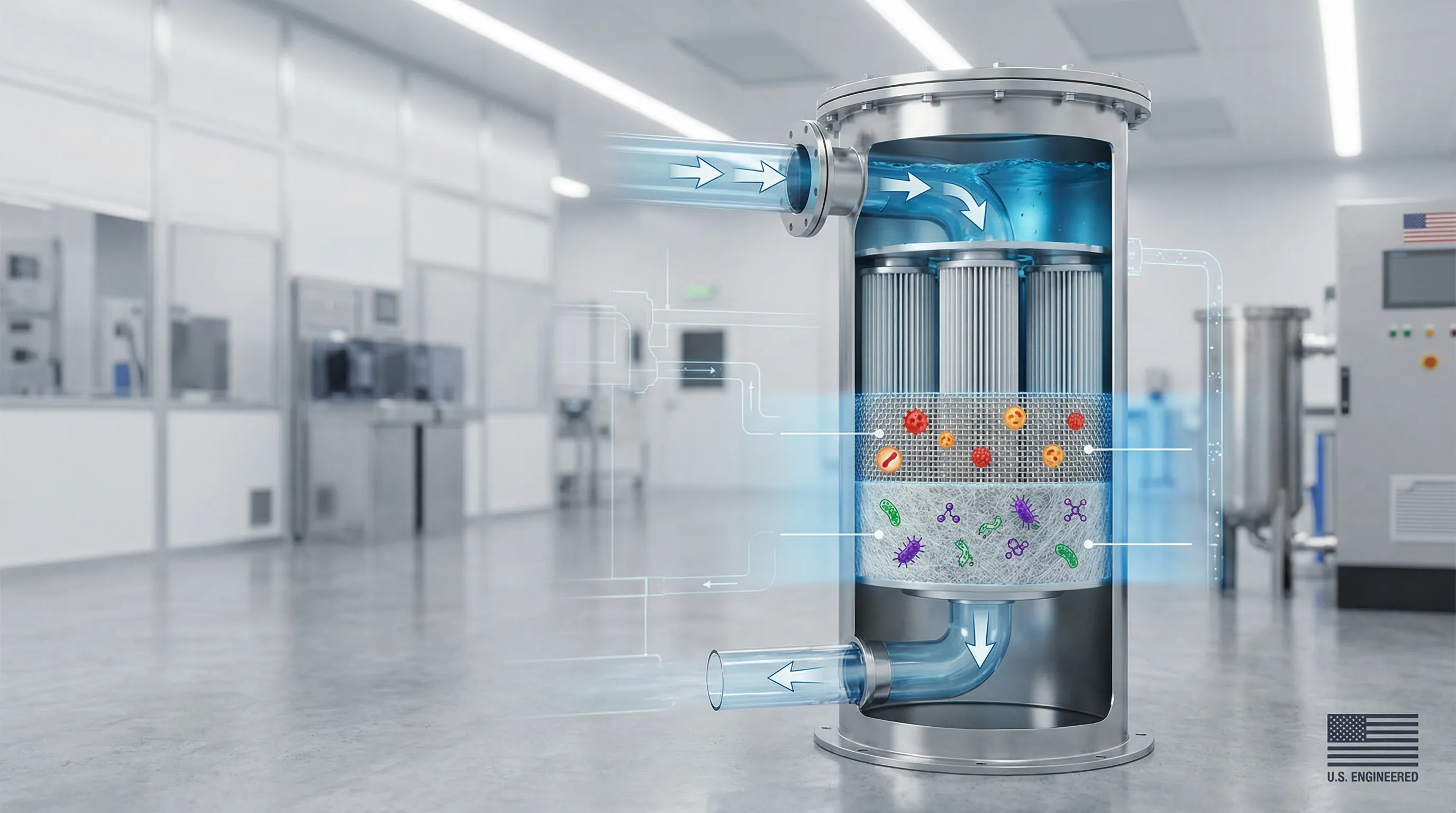 Industrial cartridge filter cutaway showing fluid filtration process.