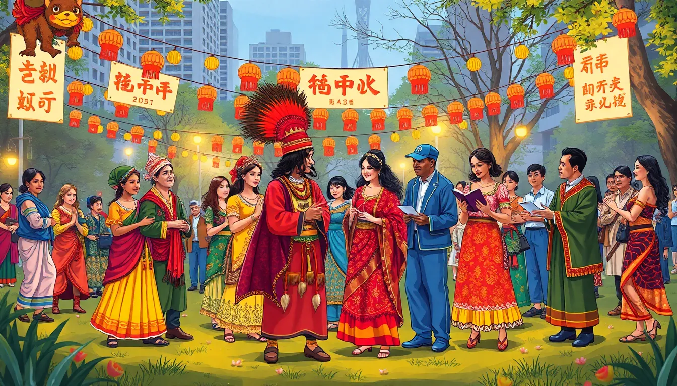 diverse group celebrating hinatabroks in a modern urban festival.