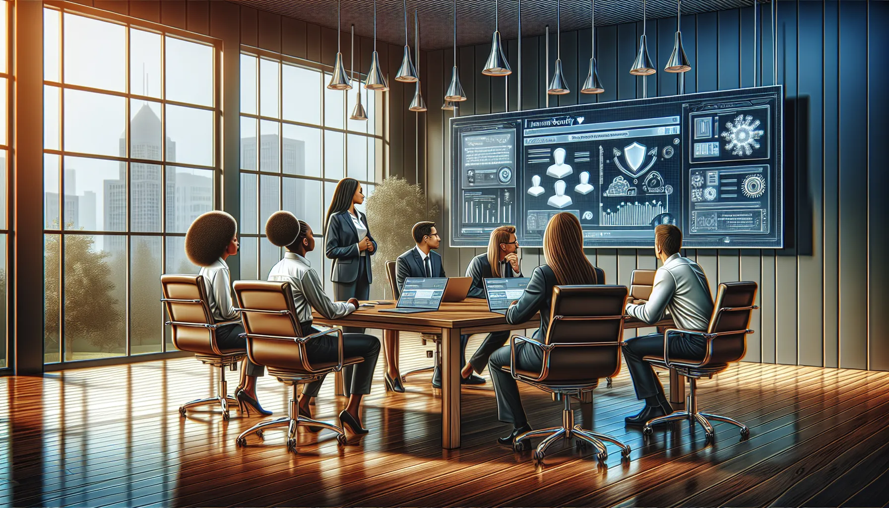 cybersecurity team discussing software upgrade strategies in a modern office.