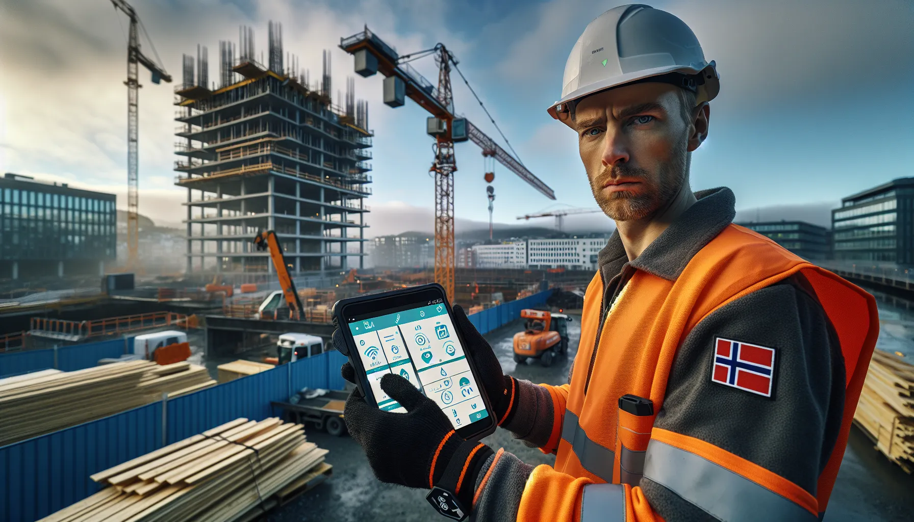 Hvordan bruke iot for å overvåke byggeprosjekter 3 Site manager checks iot dashboard at norwegian construction site with sensors.