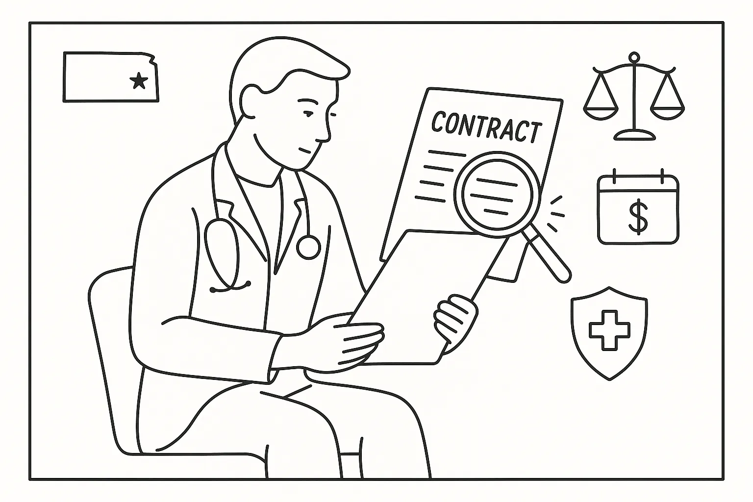 Physician assistant closely reviewing a contract with magnifying glass and Kansas outline of Kansas Physician Assistant Contract Review.