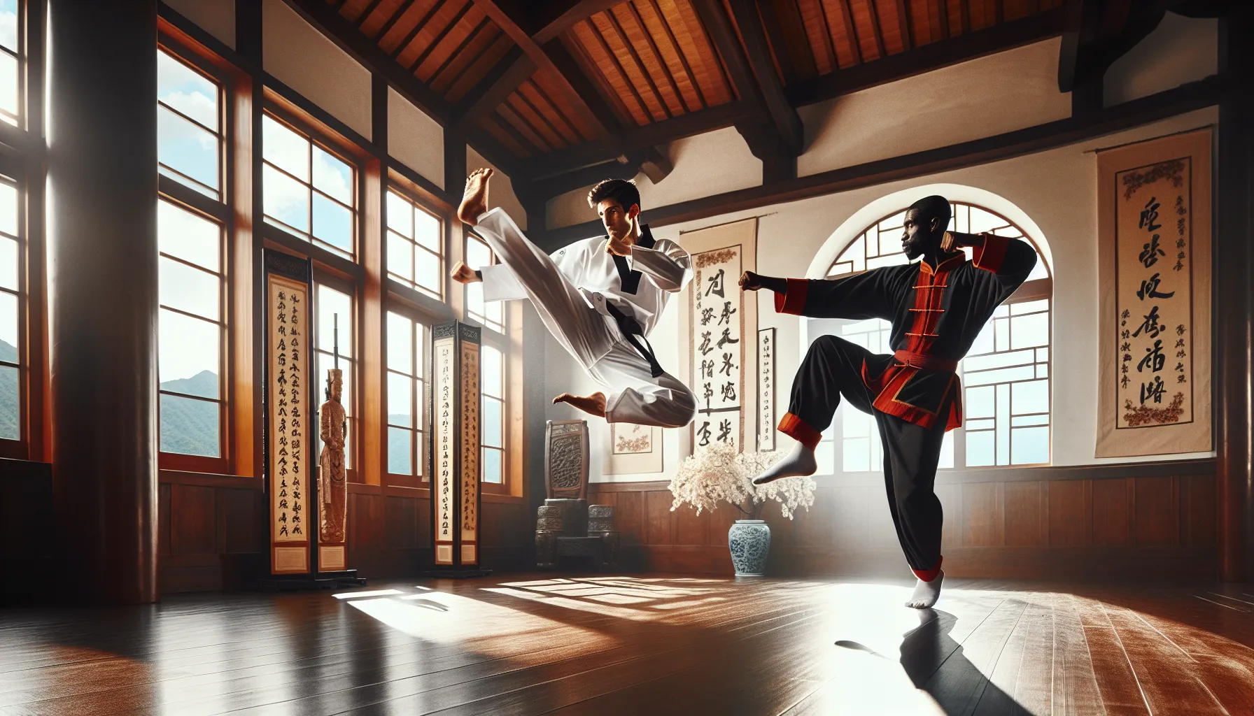 Two martial artists display Taekwondo and Kung Fu techniques in a traditional training hall.