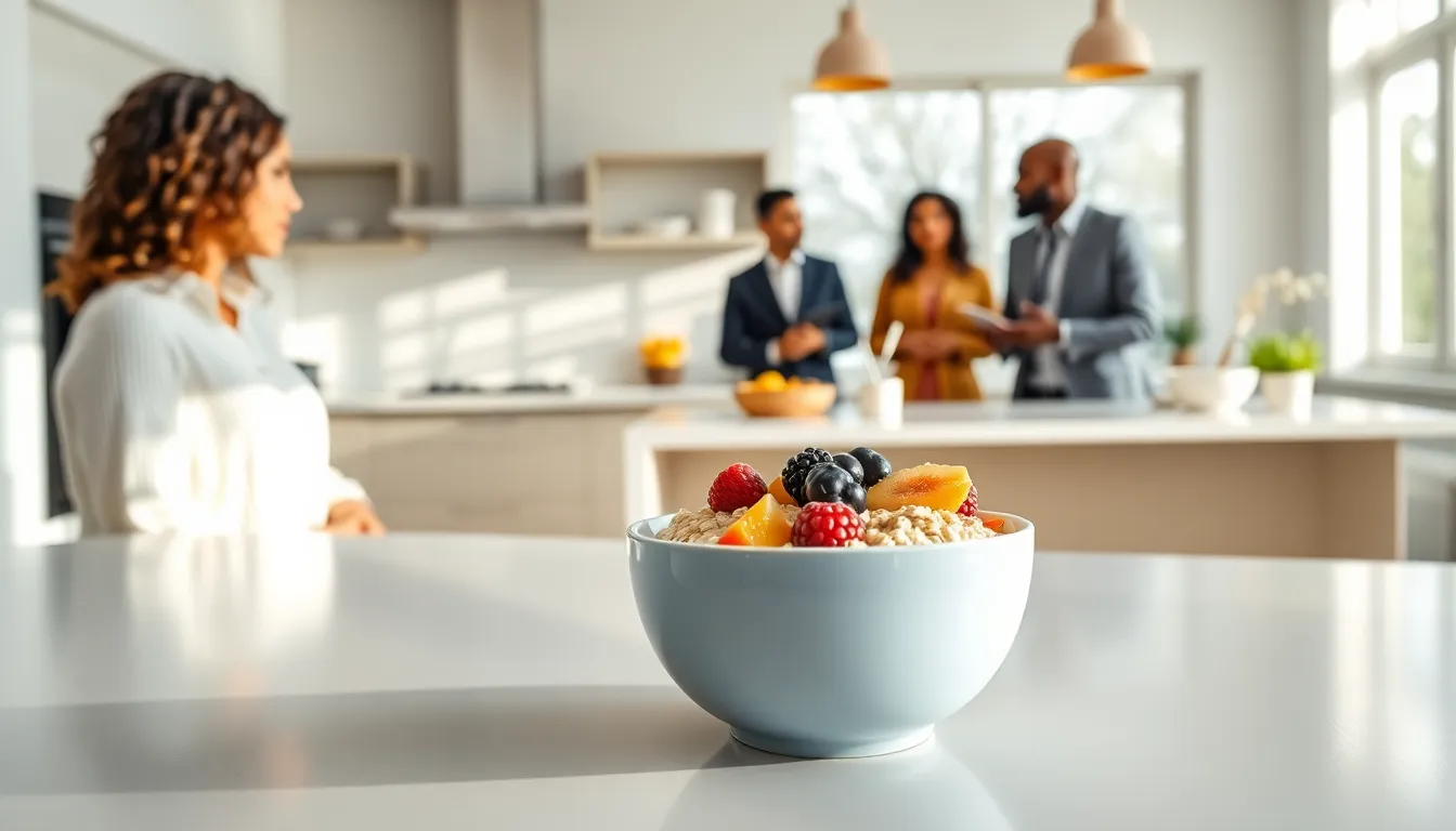 bowl of oatmeal with fresh fruit in a modern kitchen setting.
