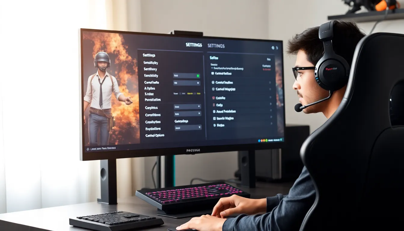 gamer configuring PUBG settings on a modern desktop.