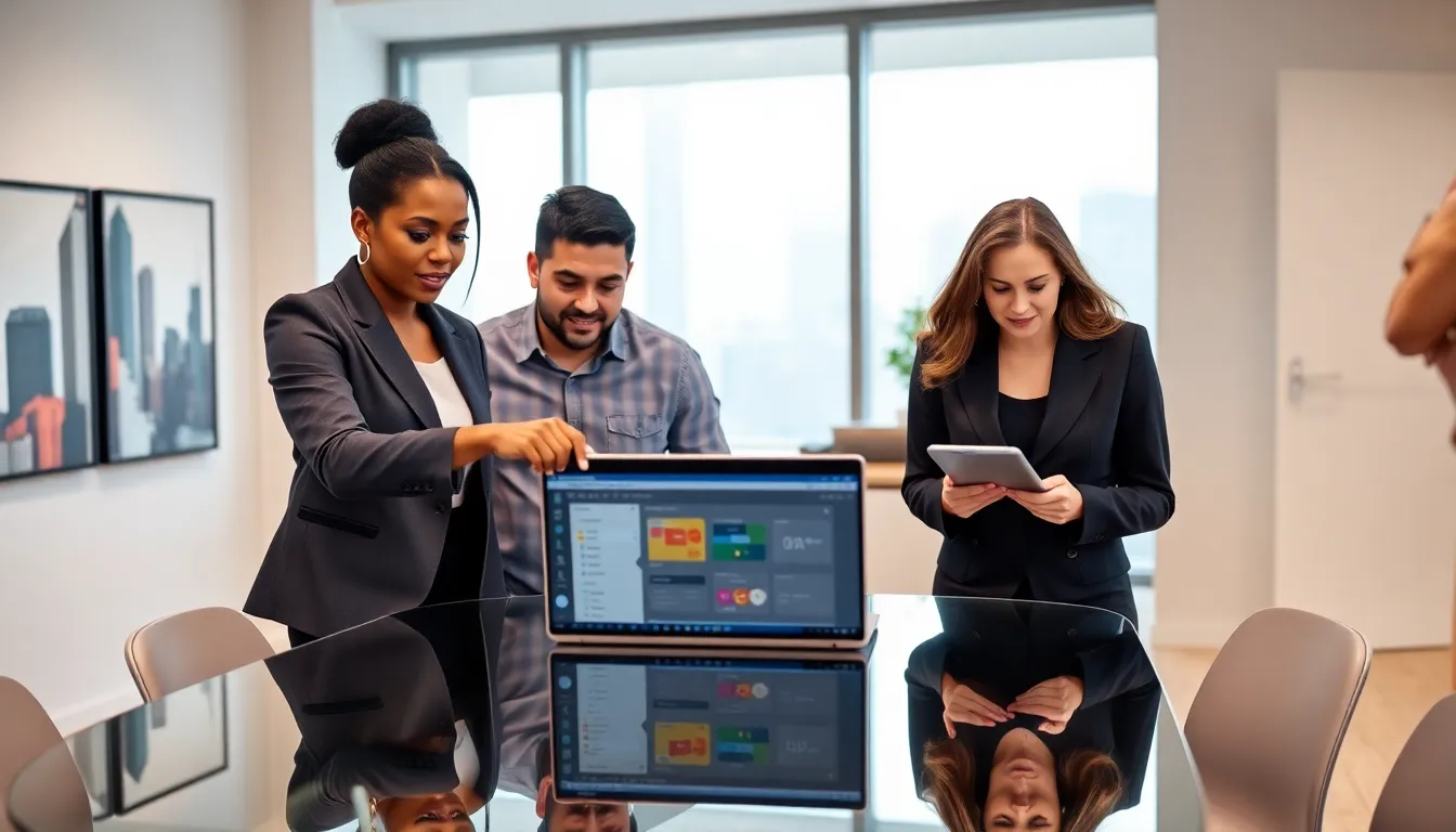 a diverse team collaborating in a modern office using LotsOfPower Net.