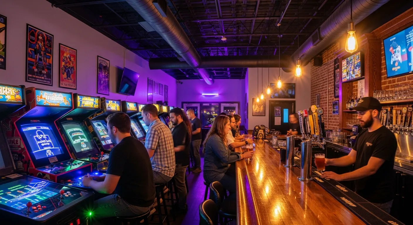Retro arcade bar interior with glowing game cabinets and craft beer taps.