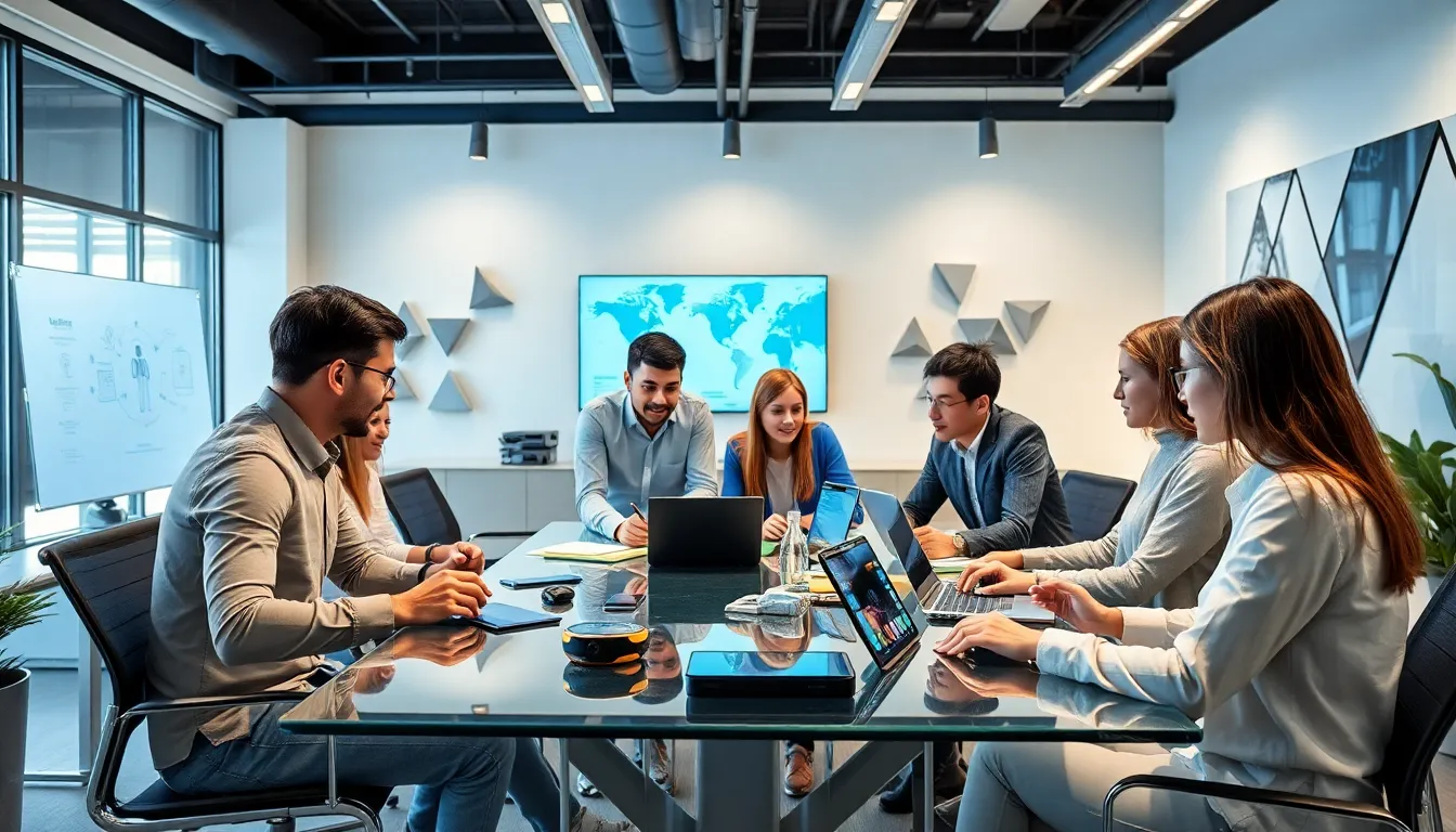 diverse team collaborating in a modern tech workspace.