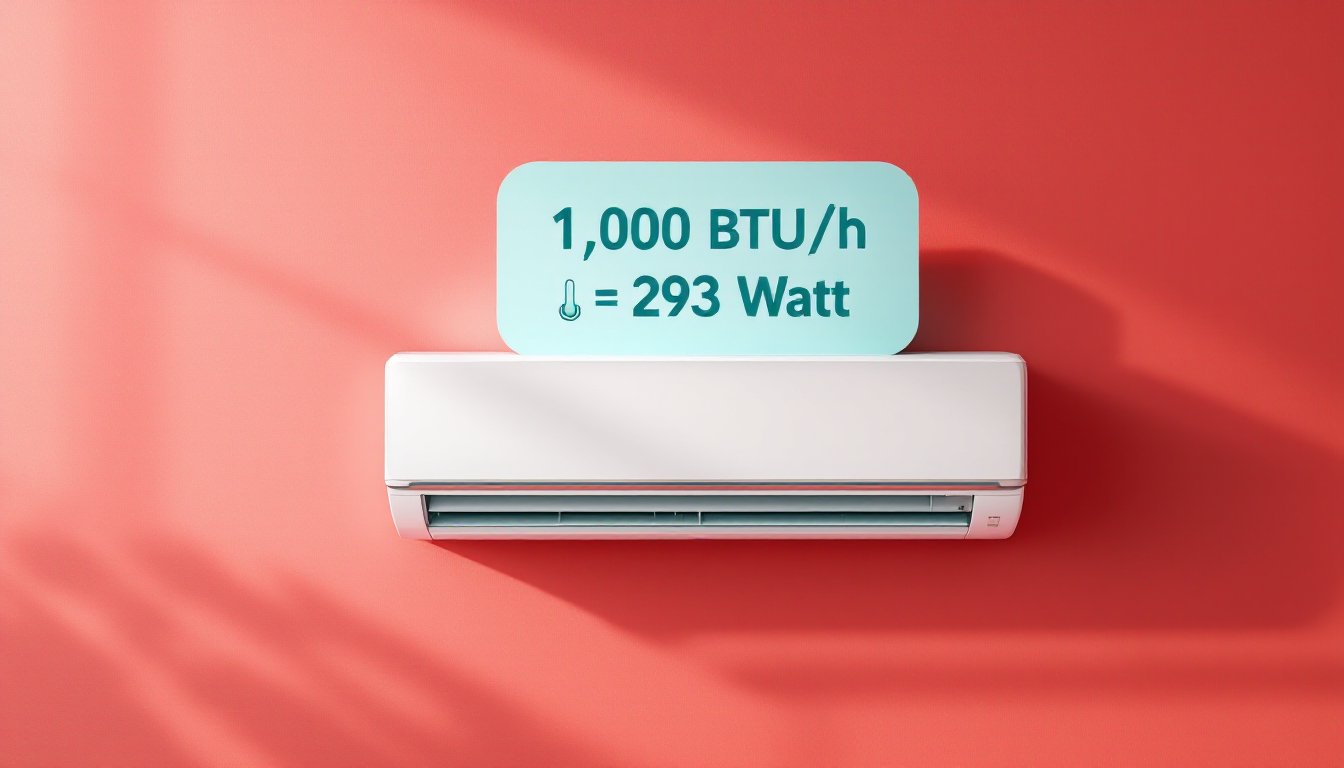 A modern air conditioning unit next to a panel showing BTU to Watt conversion.