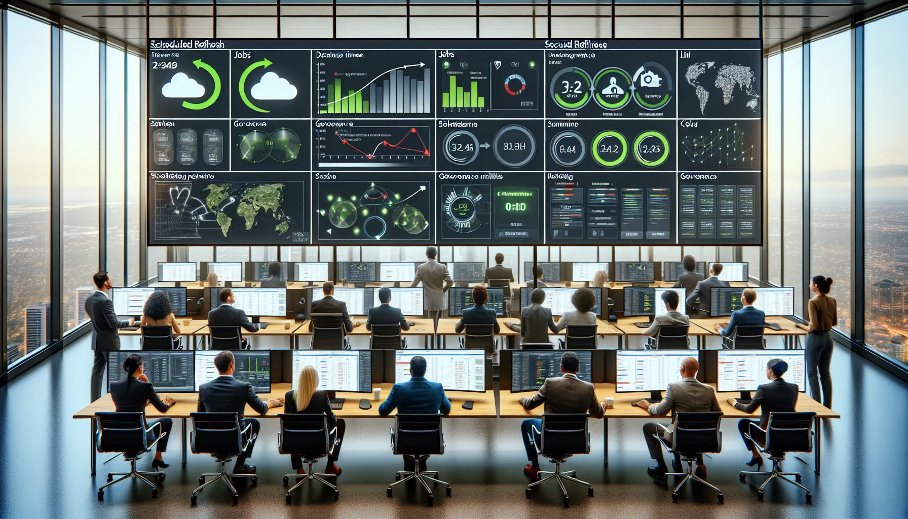 Data team monitoring automated Tableau Cloud refreshes and Tableau Bridge connections in a modern office.