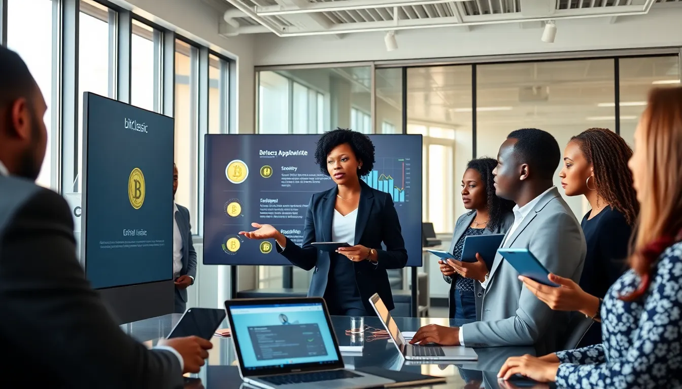 team discussing Bitclassic in a modern office setting.
