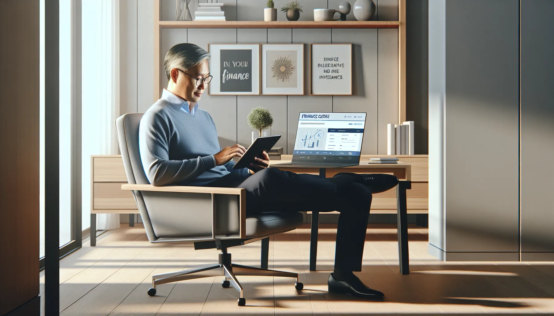 person engaged in an online finance class in a modern home office.