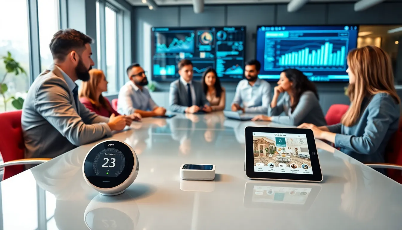 professionals collaborating in a modern office on IoT technology.