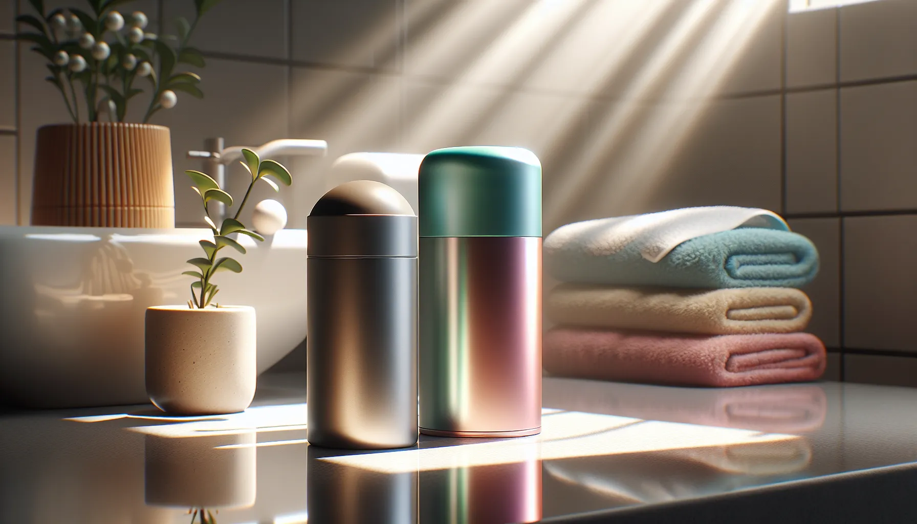 A bathroom counter displaying an antiperspirant stick and a deodorant can.