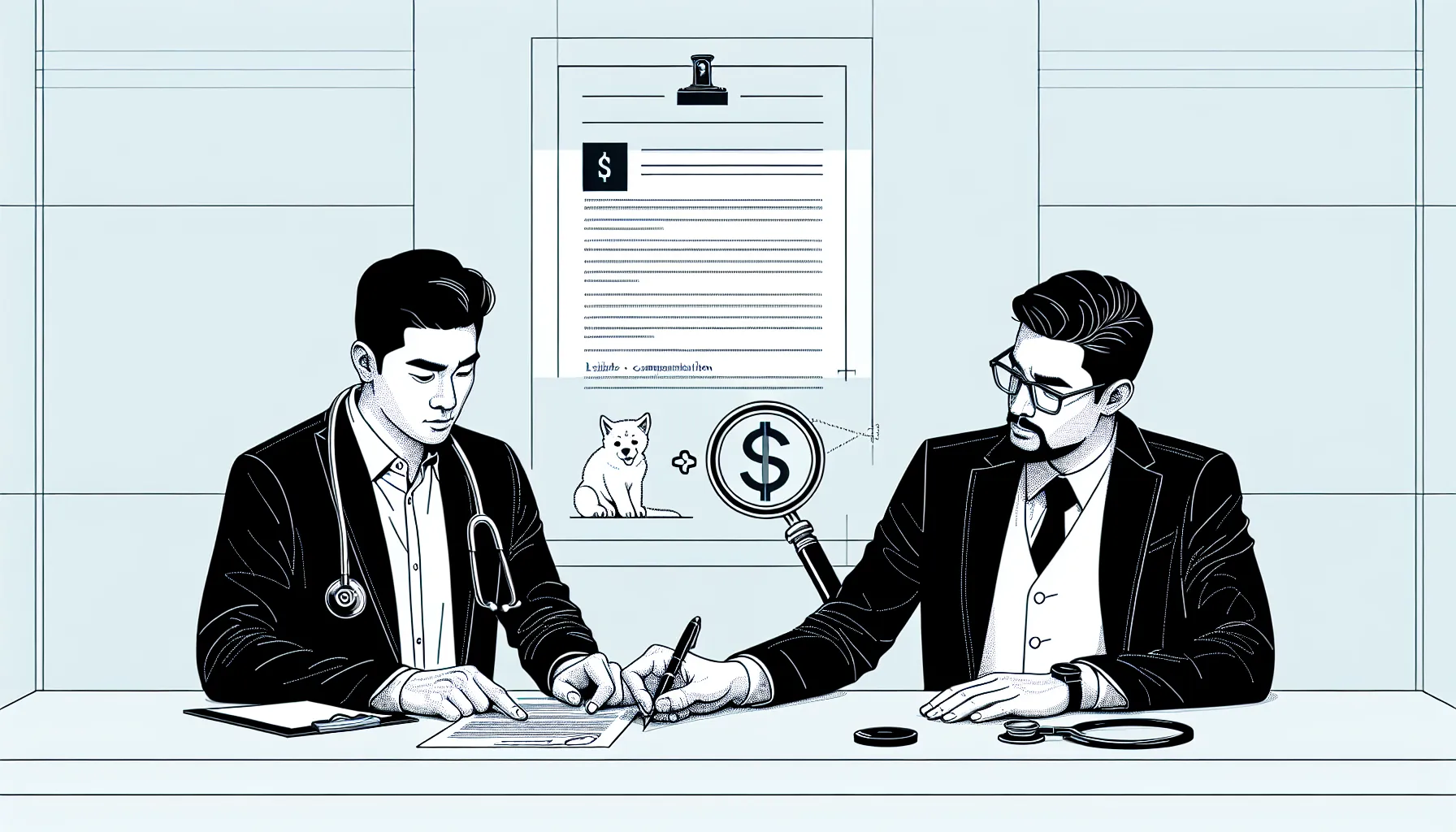 Veterinarian and attorney reviewing a contract with Massachusetts map icon of Massachusetts Veterinary Contract Review.