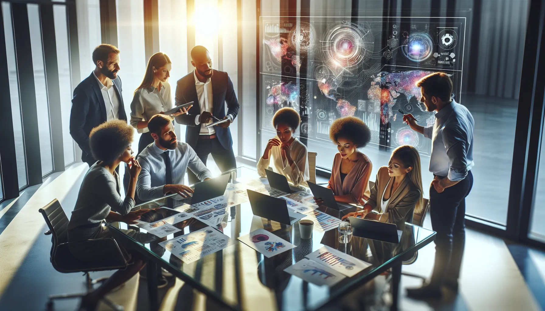 diverse team brainstorming future projects in a stylish office.