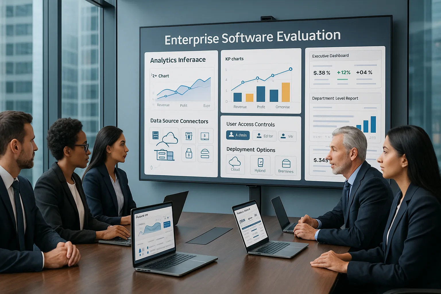 Team evaluating dashboard software in a modern office meeting.