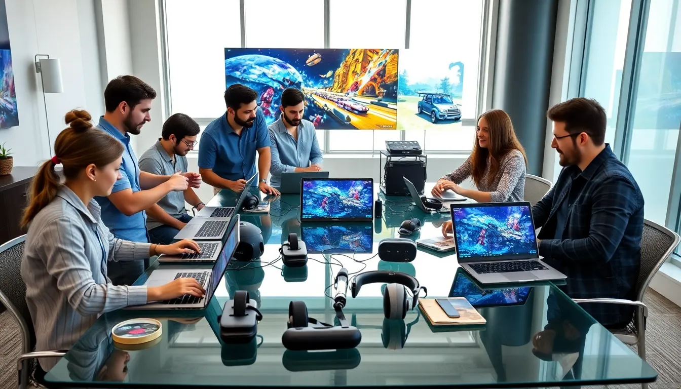 diverse team discussing Unity 2022 game development in a modern office.