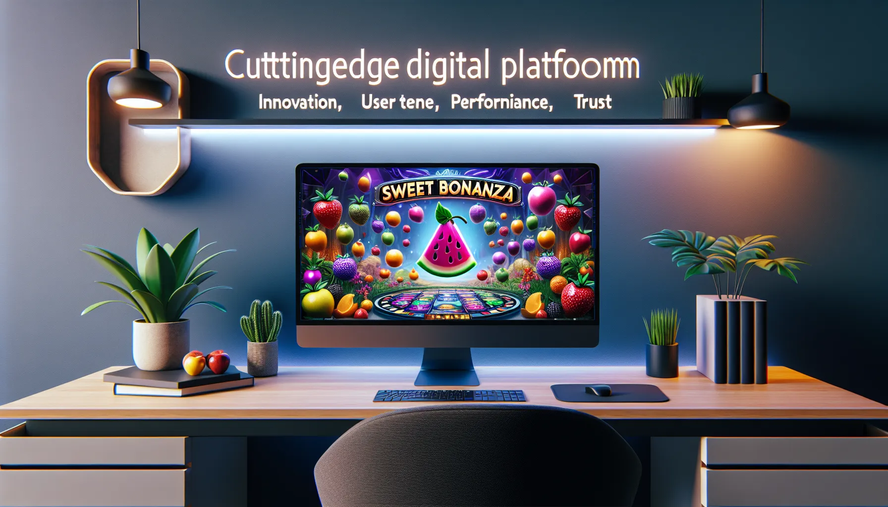 A vivid gaming platform interface displayed on a computer in a modern office.