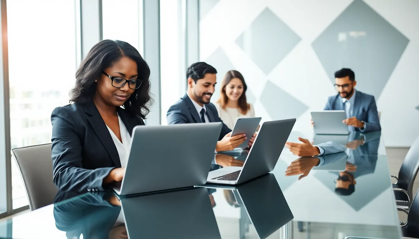 professionals collaborating in a modern office setting focused on email communication.