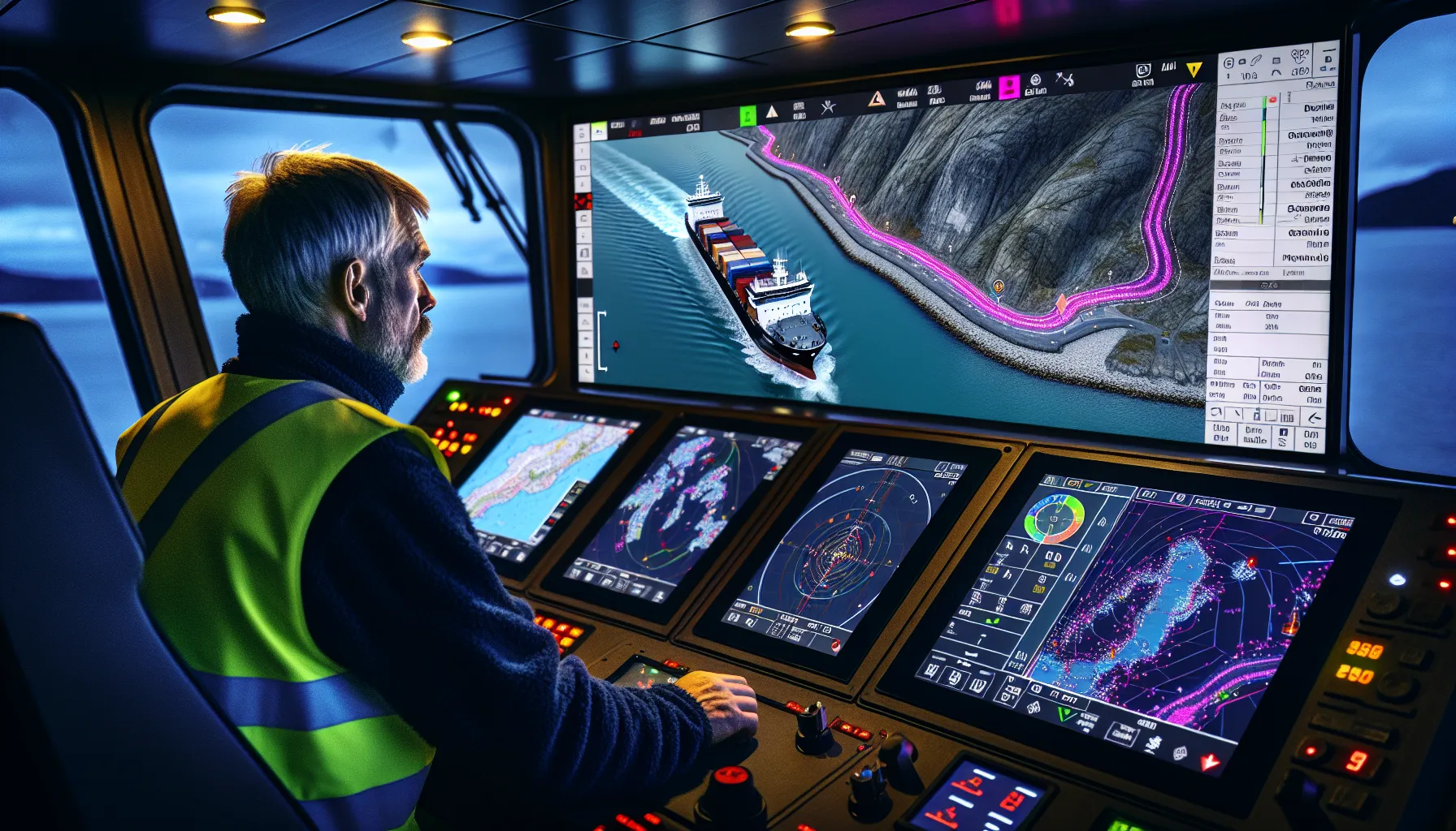 Ship navigator using satellite‑guided electronic chart in a narrow norwegian fjord.