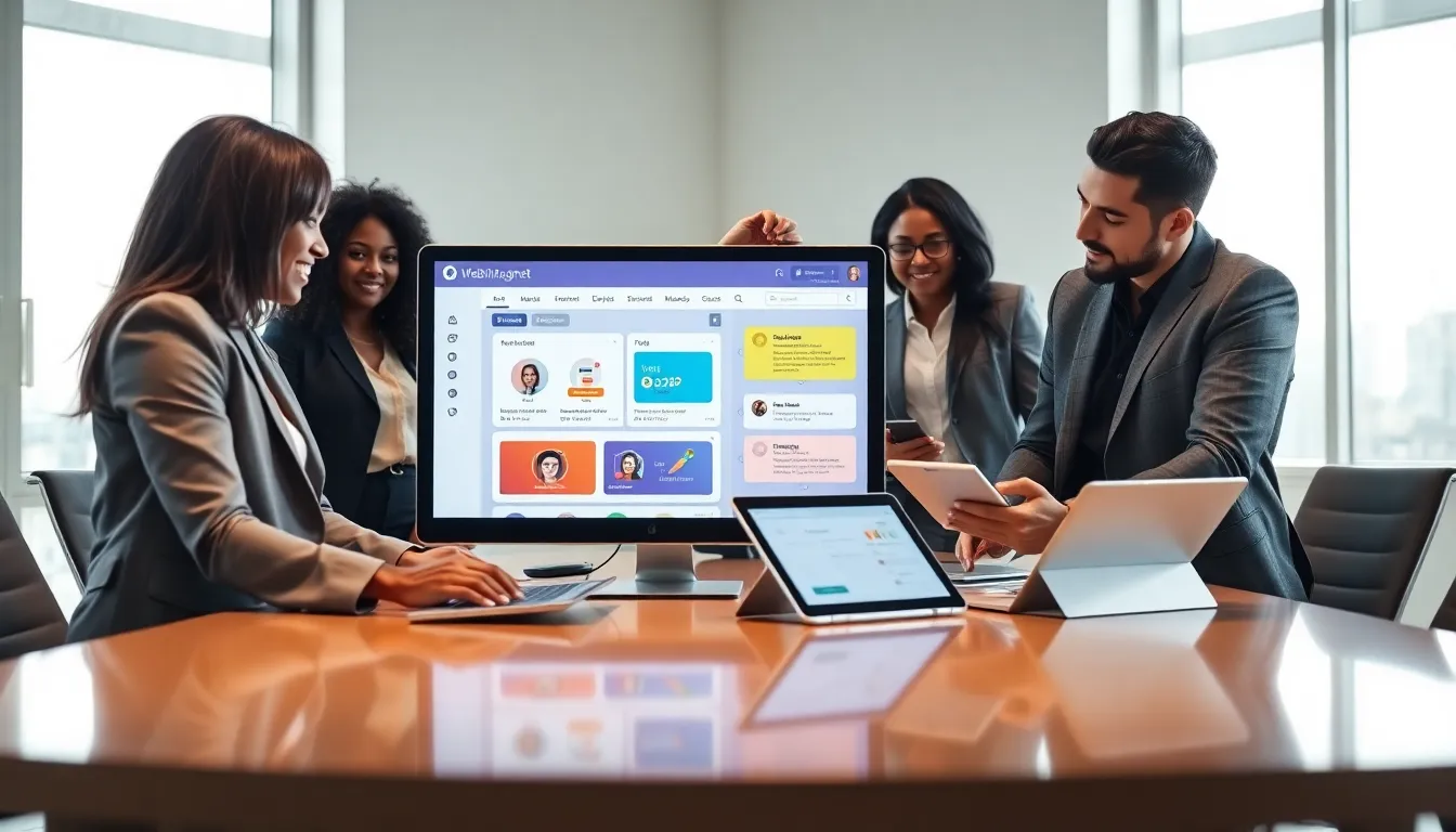 diverse professionals collaborating in a modern workspace showcasing WebBizMagnet.