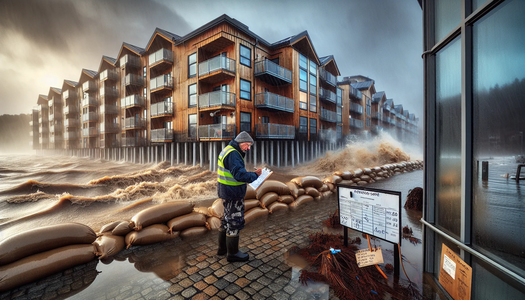 Storm surge floods a norwegian coastal apartment with a reduced-price sale sign.