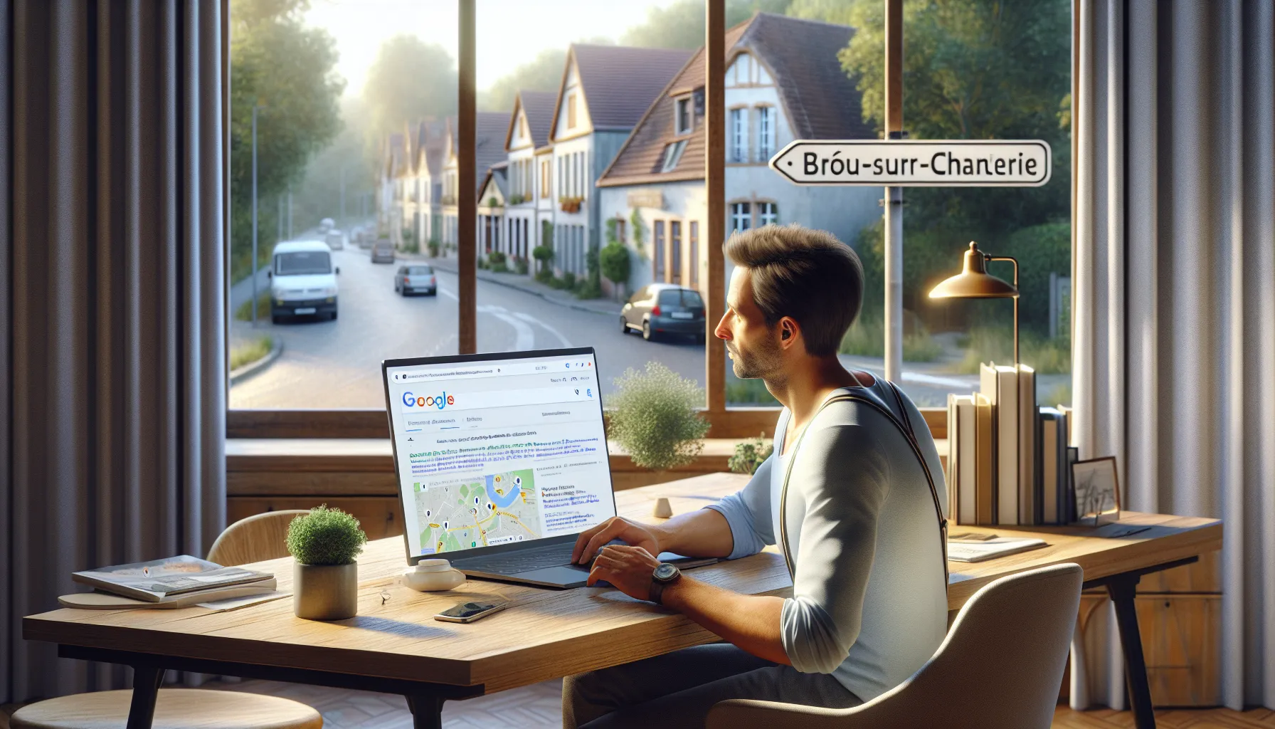 French small business owner studies Google local search results for Brou-sur-Chantereine.