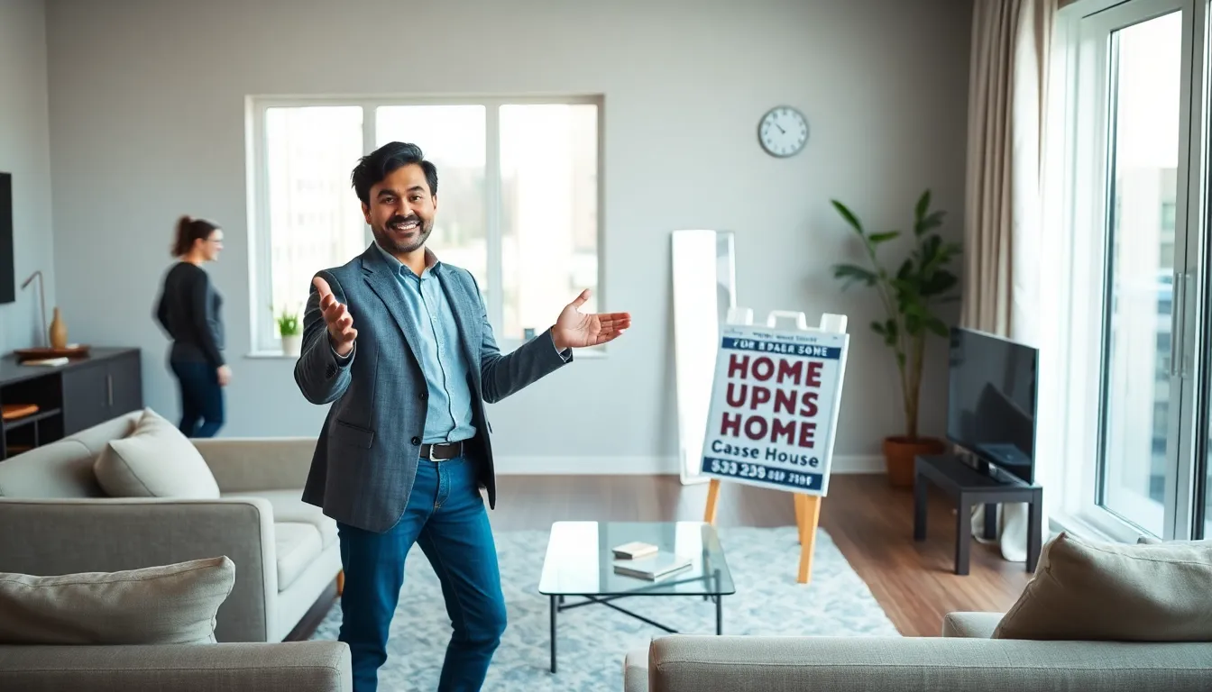 homeowner presenting a house to potential buyers during an open house.
