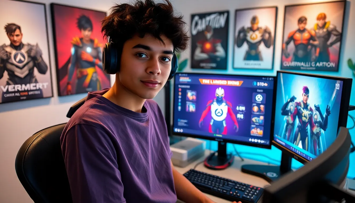 gamer displaying rare Overwatch skins in a modern gaming setup.