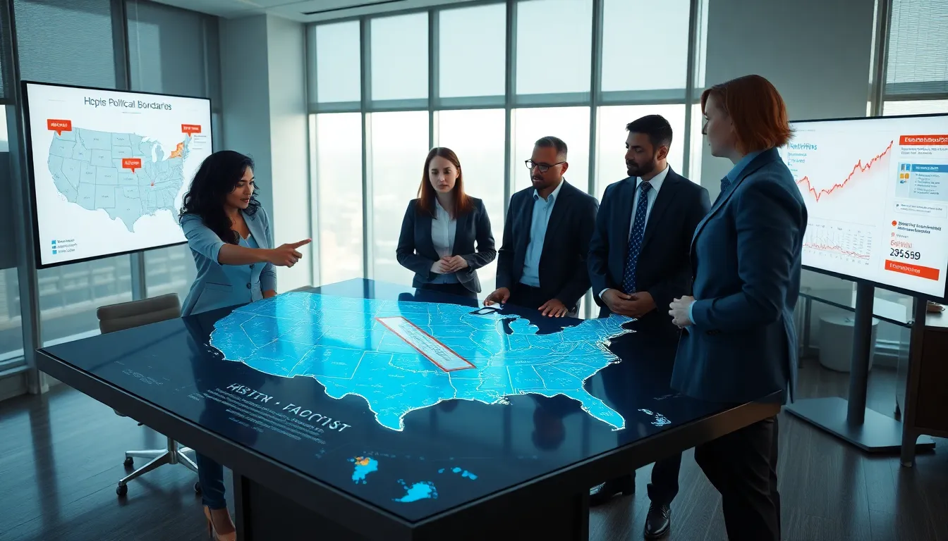 professionals discussing political boundaries in a modern meeting room.