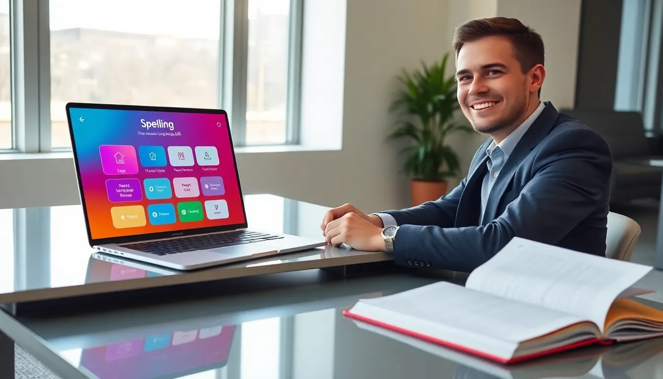 adult using a spelling app at a modern office desk.