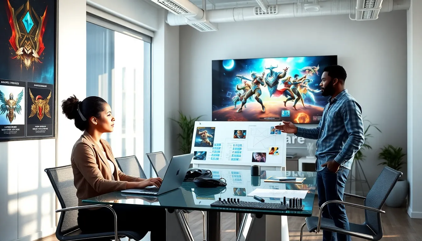 diverse professionals discussing MOBA game strategies in a modern office.
